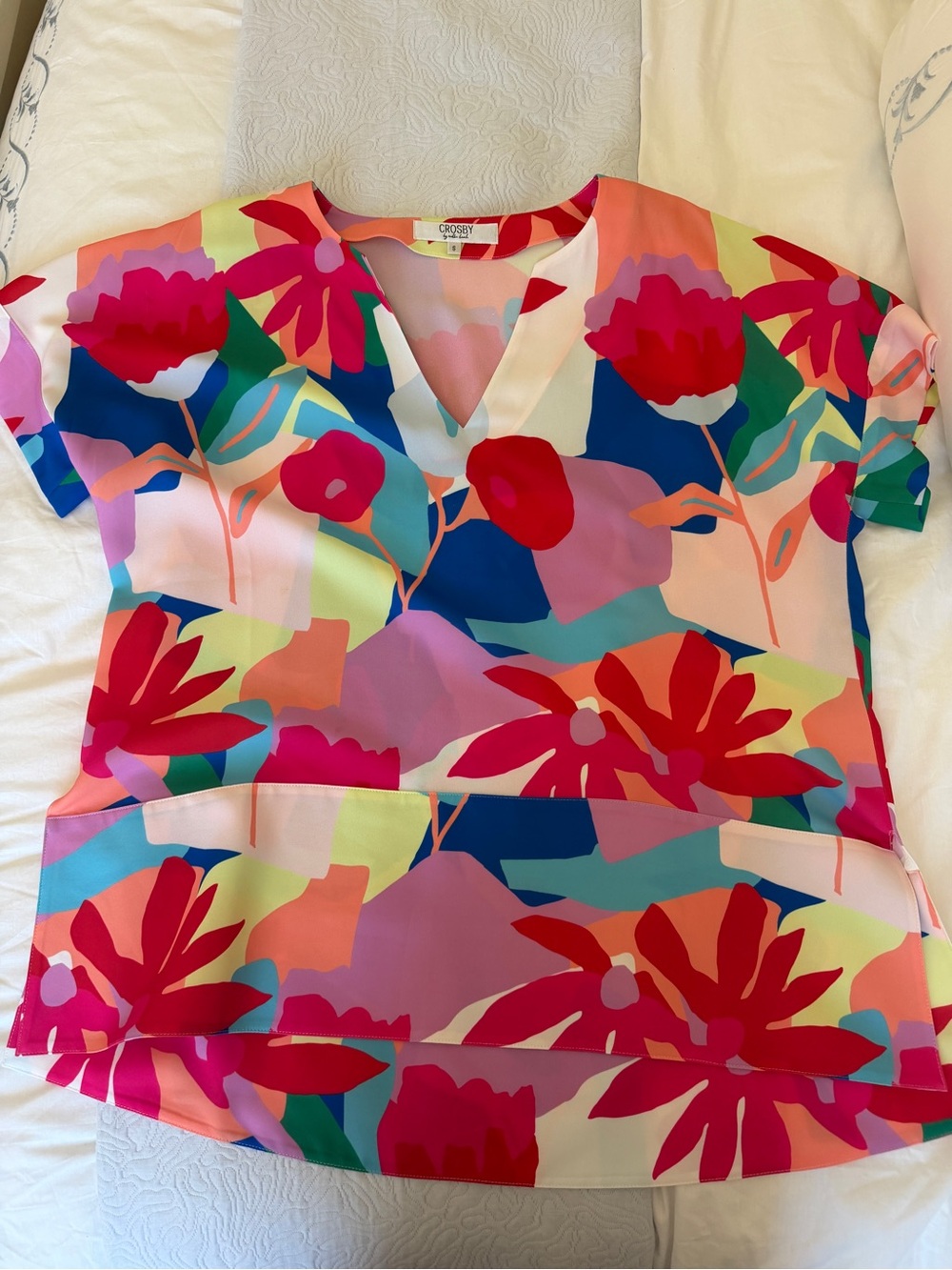 crosby. Floral Multicolor V-Neck Blouse — Pink, Blue & Green
